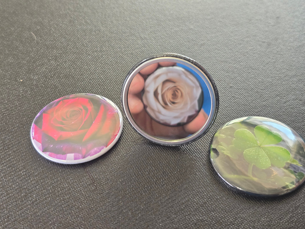 Custom Photo Pocket Mirrors with flower designs showing rose, sunflower, and clover