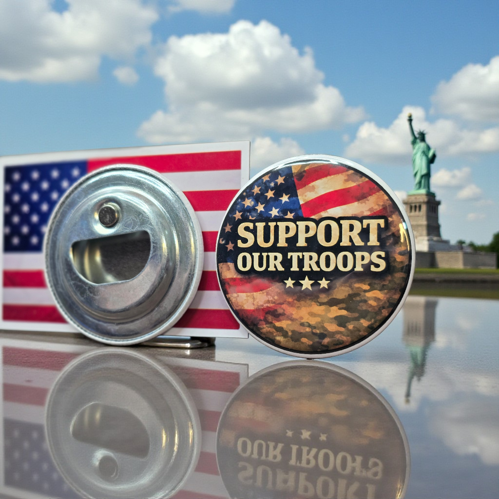Support Our Troops Patriotic Magnetic Bottle Opener with American flag and camouflage design