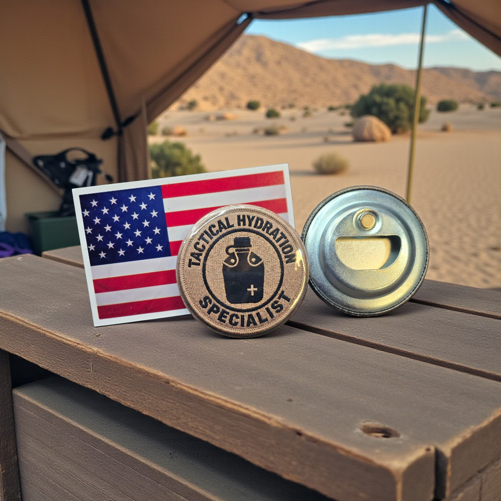 Tactical Hydration Specialist Patriotic Magnetic Bottle Opener with American flag backing and canteen design