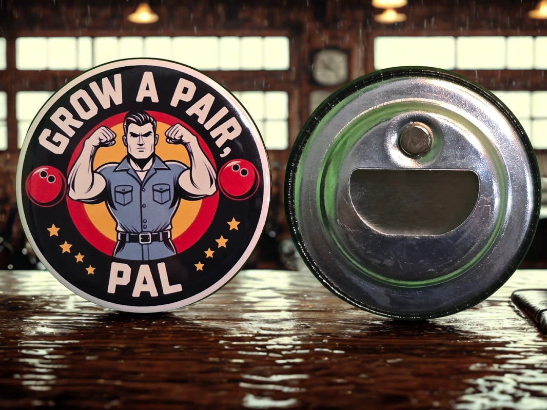 '50s Retro "Grow A Pair, Pal" 2.25-Inch Stamped Magnetic Bottle Opener
