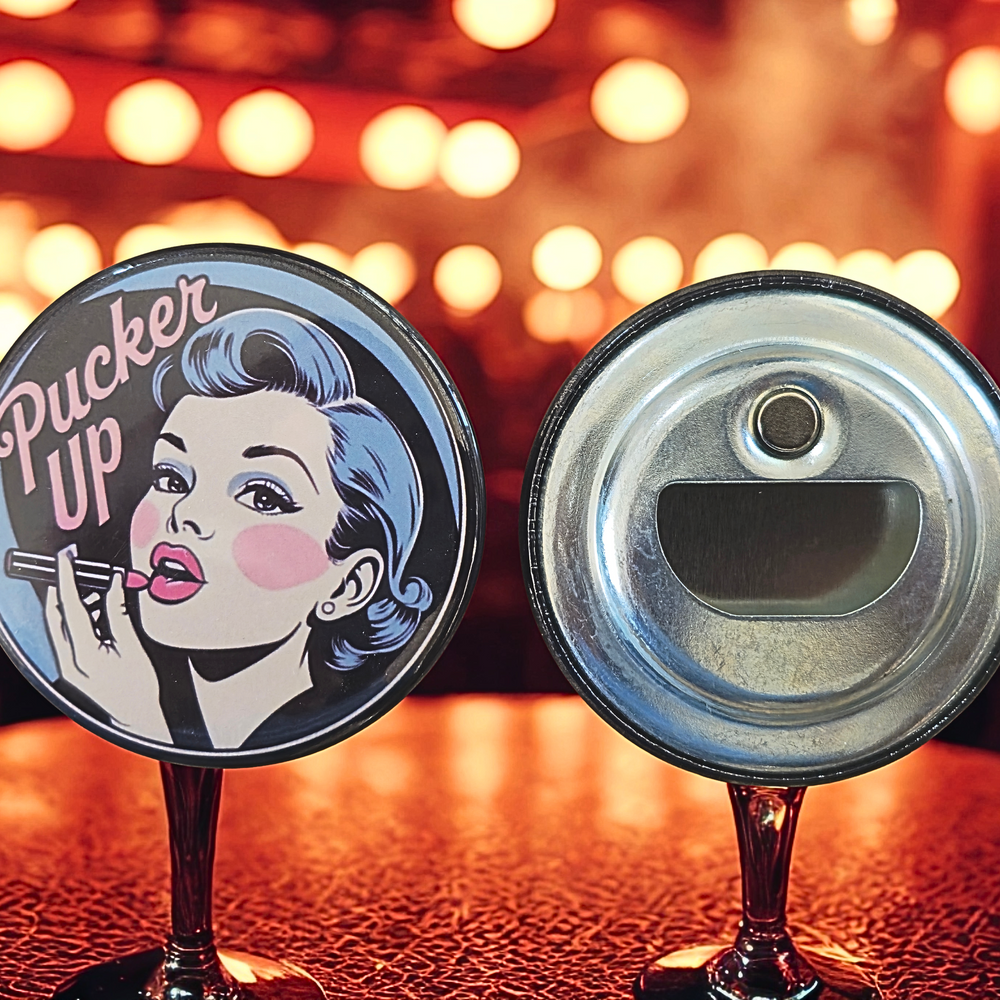 "Pucker Up" - '50s Stamped Magnetic Bottle Opener (2.25 in)