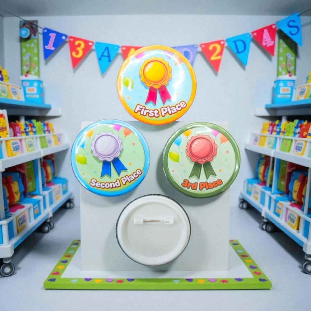 Custom Pin-Back Buttons for classroom awards - First Place, Second Place, 3rd Place buttons in a classroom setting