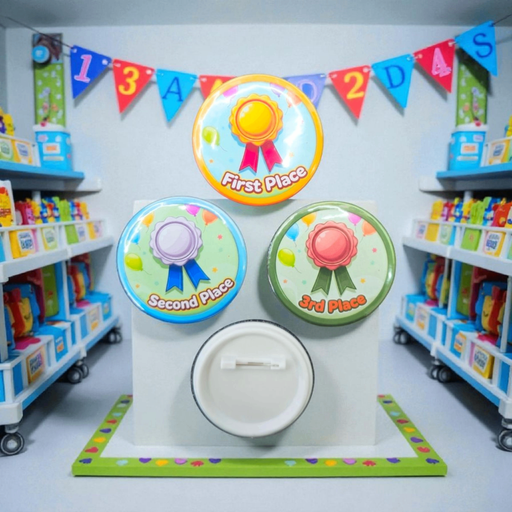 Custom Pin-Back Buttons for classroom awards - First Place, Second Place, 3rd Place buttons in a classroom setting