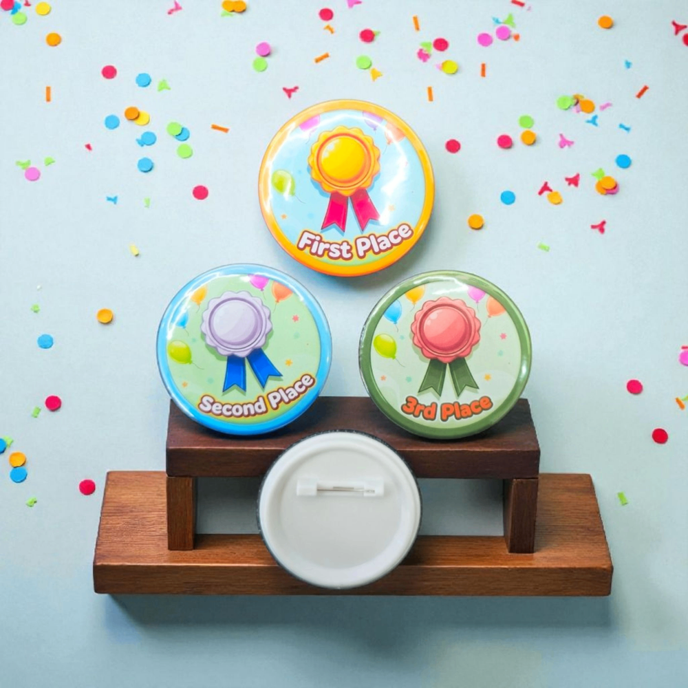 Custom Pin-Back Buttons for student awards - First Place, Second Place, 3rd Place buttons with confetti celebration