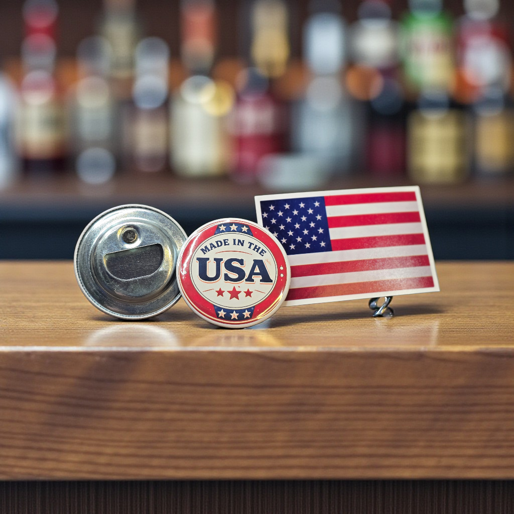Made in the USA Patriotic Magnetic Bottle Opener with American flag on bar counter
