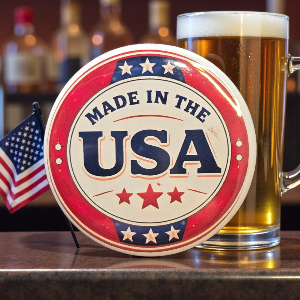 Made in the USA Bottle Opener close-up with beer mug and American flag