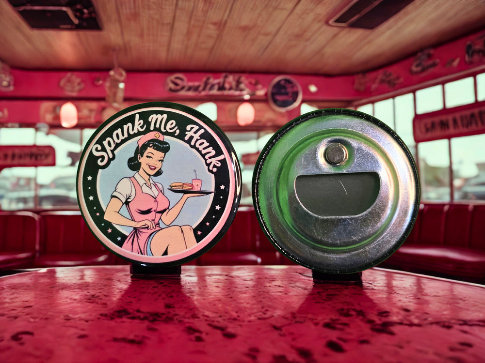 '50s Retro "Spank Me, Hank" 2.25-Inch Stamped Magnetic Bottle Opener