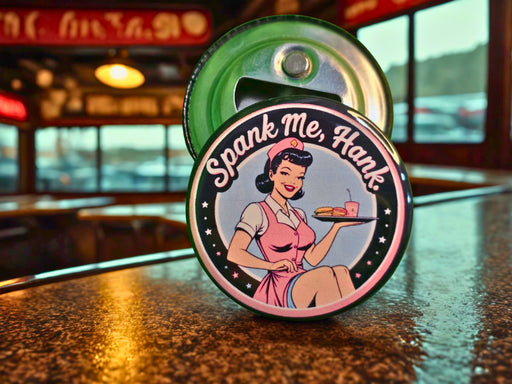 '50s Retro "Spank Me, Hank" 2.25-Inch Stamped Magnetic Bottle Opener