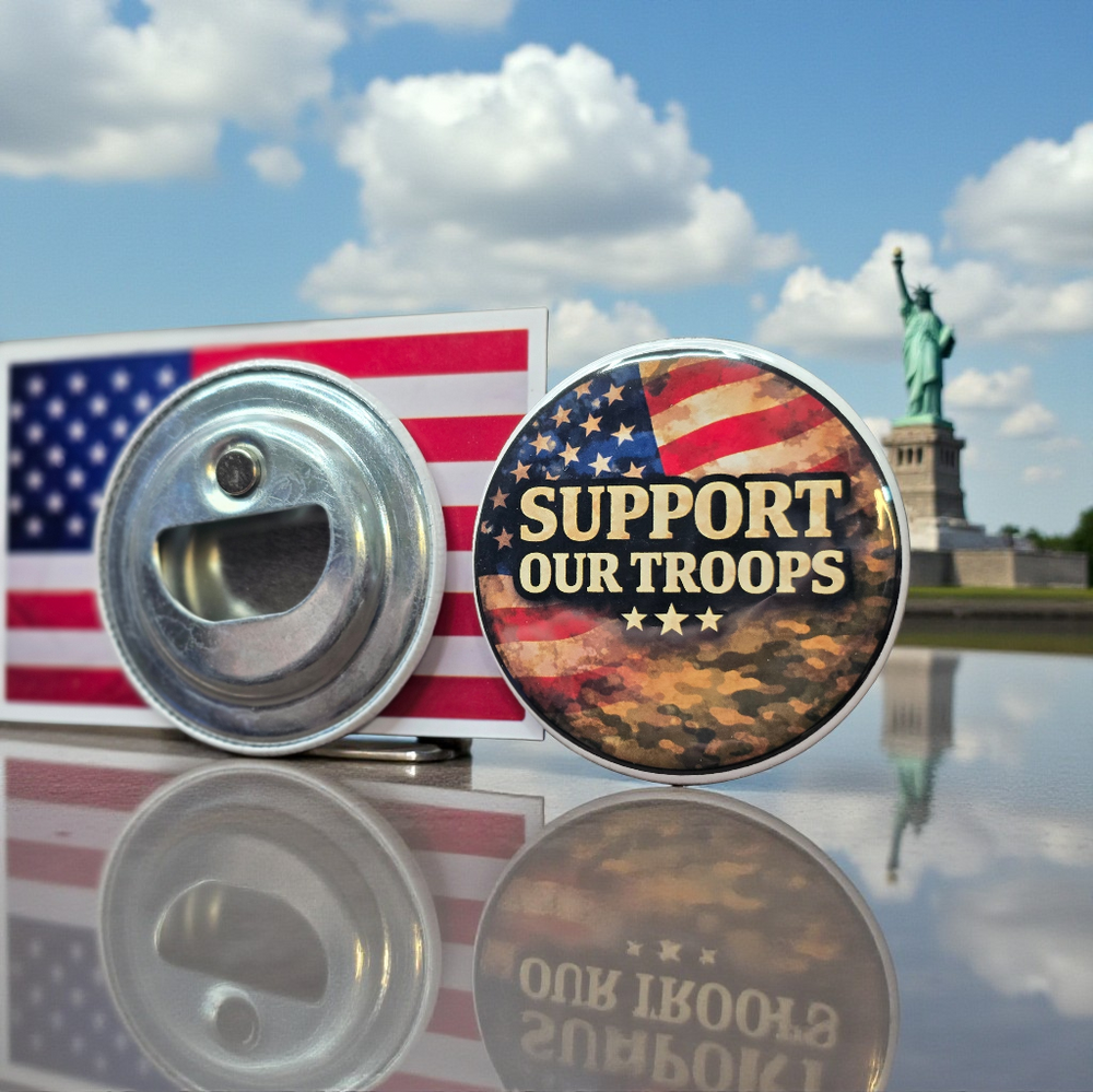 Support Our Troops Patriotic Magnetic Bottle Opener with American flag and camouflage design