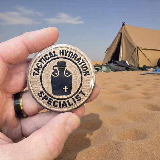 Tactical Hydration Specialist Bottle Opener held in hand in desert with military tent